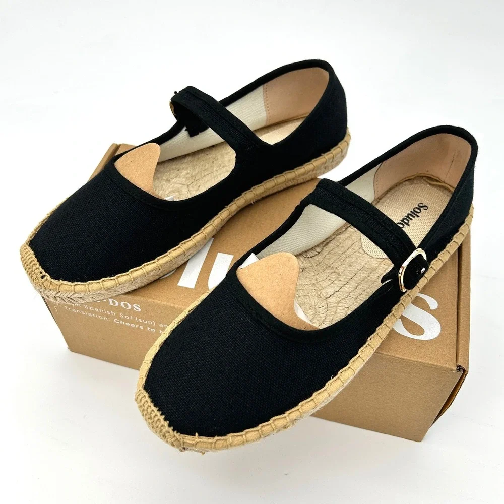 Soludos Mary Jane Espadrilles Womens Size 7-7.5 Black Organic Cotton Flats NEW